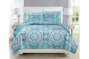 MK HOME Mk Collection 3pc Bedspread Coverlet Quilted Floral Turquoise Teal Blue Grey Over Size New #185 King/California King Over Size