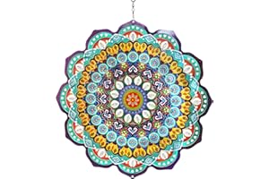 Exhart Wind Spinner, Hearts Mandala Wind Sculpture, 3D Laser Cut Patterns with Bead Details, Metal Outdoor Garden Decoration, Multicolor Lawn and Yard Art, 12 Inch