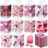 Engrowtic 72 Pcs Valentines Day Heart Gift Bags Bulk with Handles Red Pink Paper Bags with Tags Love Heart Shaped Goodie Candy Sacks for Galentines Wedding Valentine's Day Party Supplies