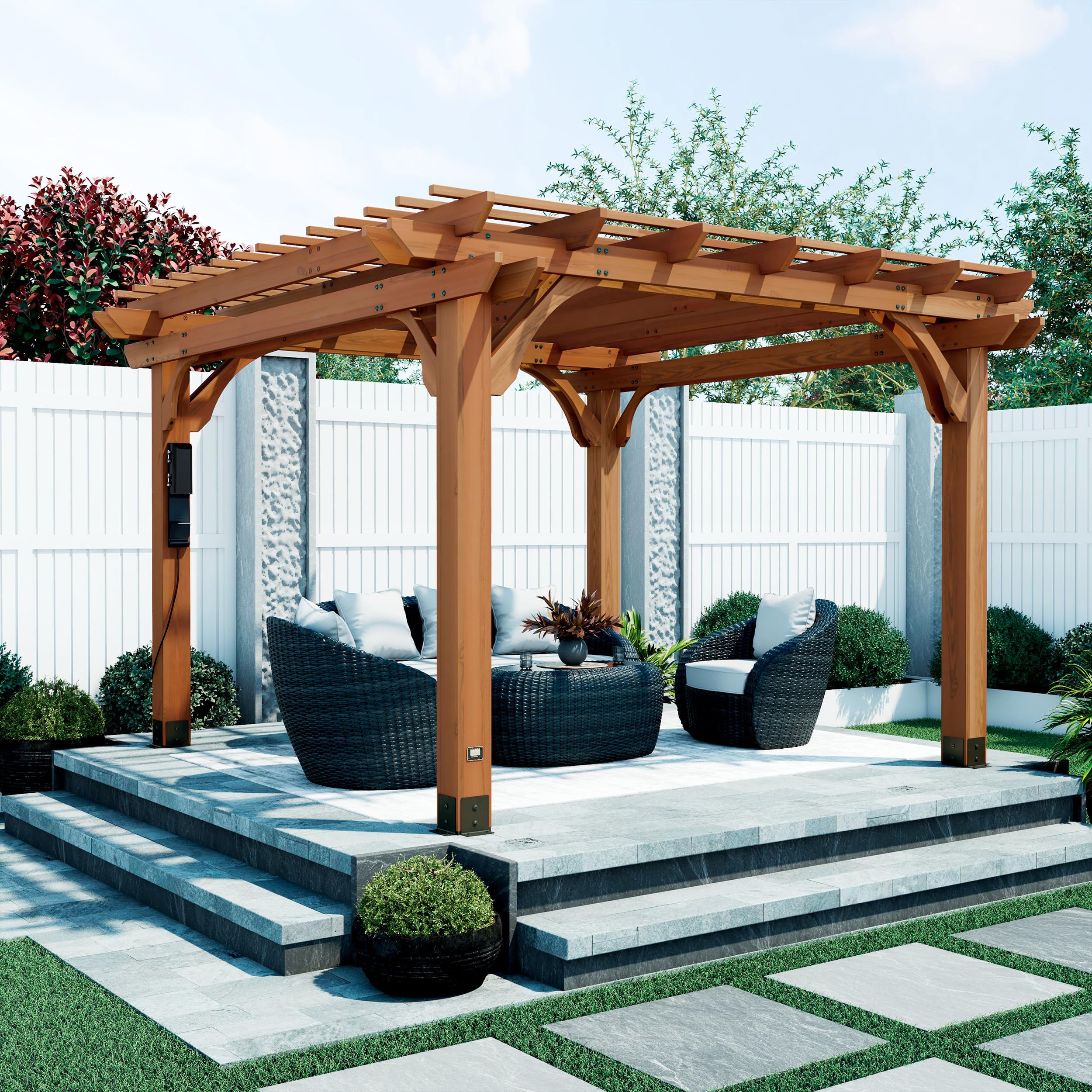 Photo 1 of Backyard Discovery Beaumont 12' x 12' Traditional Cedar Wood Pergola Kit with Trellis Roof, All-Season Durability, High-Wind Rating, PowerPort, Shade for Outdoor Patio, Deck, Garden, and Entertaining 3 BOX SET 
