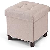 BRIAN & DANY Small Ottoman with Storage, Small Storage Ottoman, Folding Foot Stool with Wood Legs for Living Room and Bedroom Linen Rest Seat, 12.6"x12.6"x12.8" - Beige