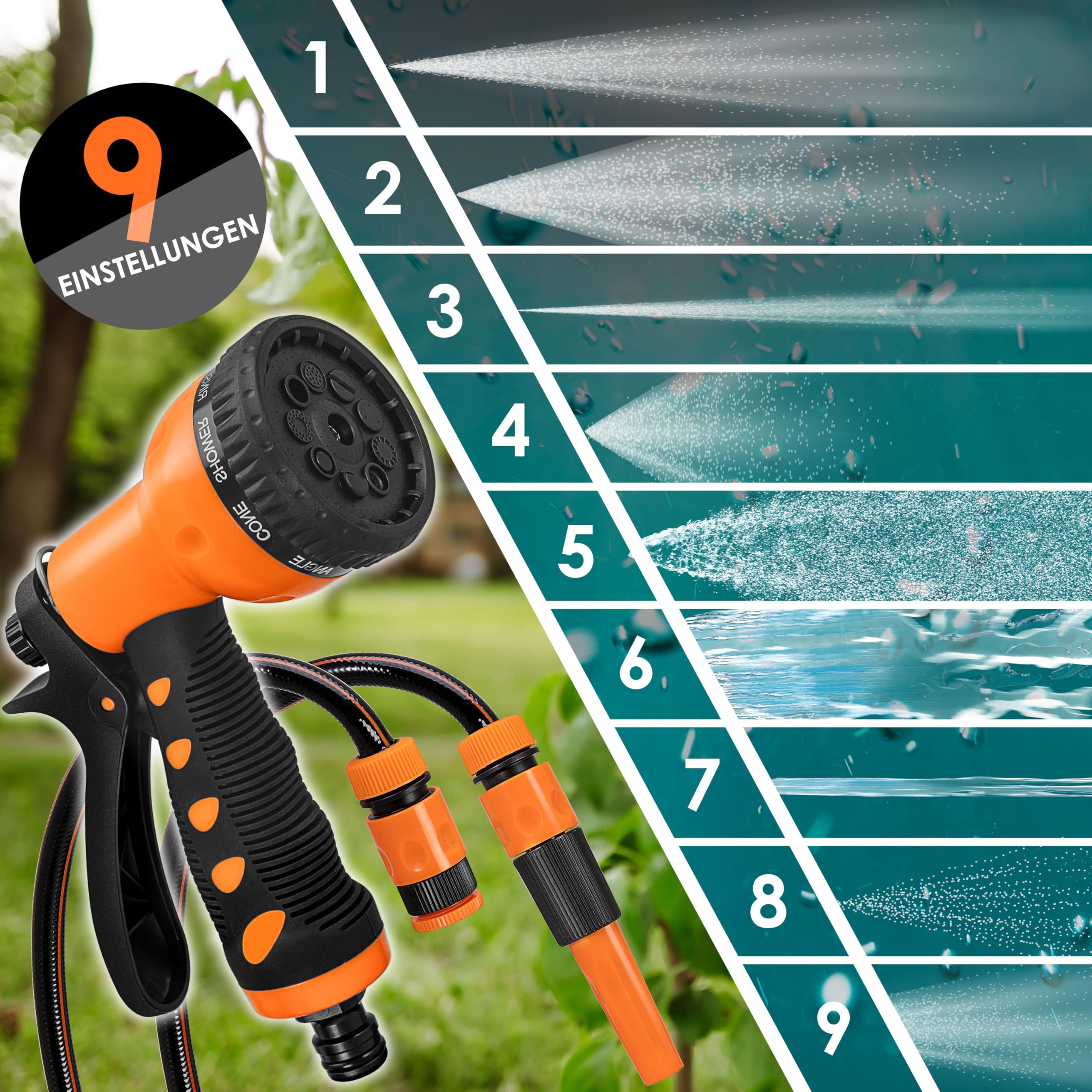 KESSER® automatische Schlauchtrommel 20 m + 2 m, Wand Schlauchbox mit Aufrollautomatik, Schlauchaufroller mit Gartenschlauch, 180° schwenkbar + Multi Handbrause mit 9 Modi, inkl. 2 Aufsätze, Orange 5