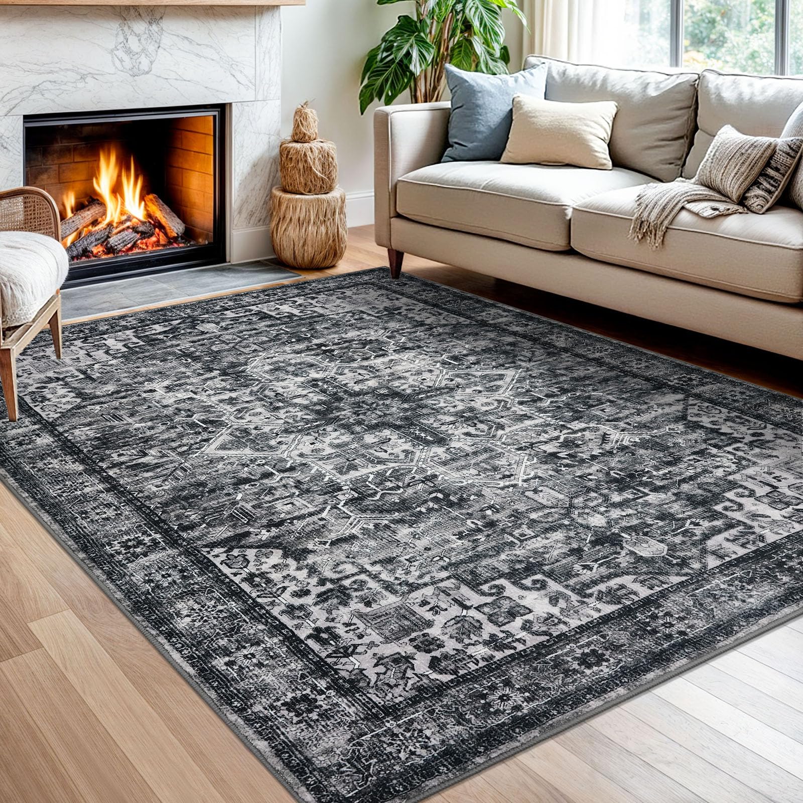 SIILOOM 5x7 Area Rug for Living Room, Moss Charcoal Oriental Washable Printed Area Rug Non-Slip, Soft Vintage Floral Large Rug, Tribal Traditional Farmhouse Carpet for Dining Room Bedroom Home Décor