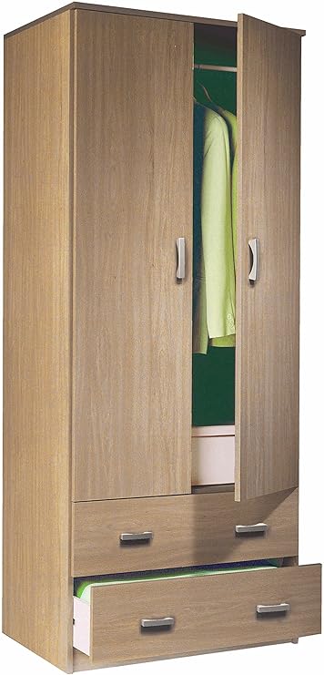Armario ropero Color Roble de 2 Puertas y 2 cajones, Barra cromada para