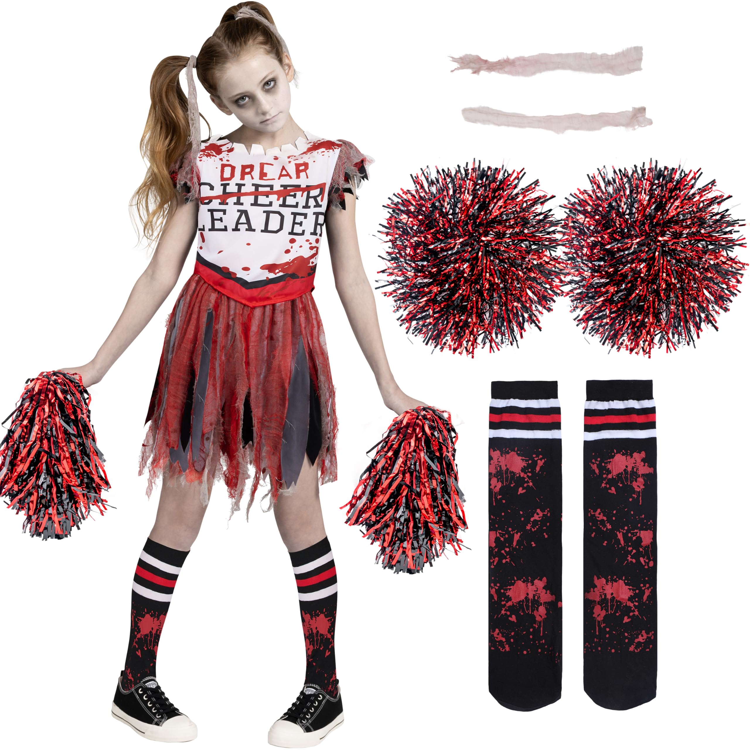 Spooktacular Creations Zombie Halloween Cheerleader Costume, Dead Cheer performer Costume for Girls, Pom-pom girl Outfit for for Halloween Party Role Play-S