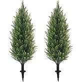 3FT Artificial Cedar Topiary Trees with Ground Spike, UV Resistant Artificial Bushes, Set of 2 Faux Cypress Plants Faux Shrubs for Outdoor Indoor Front Porch Garden
