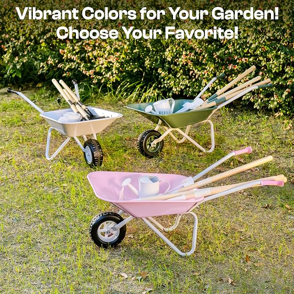 ROBOTIME KIDS WHEELBARROW WITH GARDENING SET – METAL WHEELBARROW TODDLER OUTDOOR PLAY TOY WITH GARDEN TOOLS, WATERING CAN & PLANT LABELS, PRETEND PLAY YARD EQUIPMENT FOR BOYS AND GIRLS (GREEN)