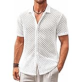 Runcati Mens Button Down Knit Shirt Short Sleeve Crochet Shirts Casual Hollow Out Summer Beach Vacation Tops