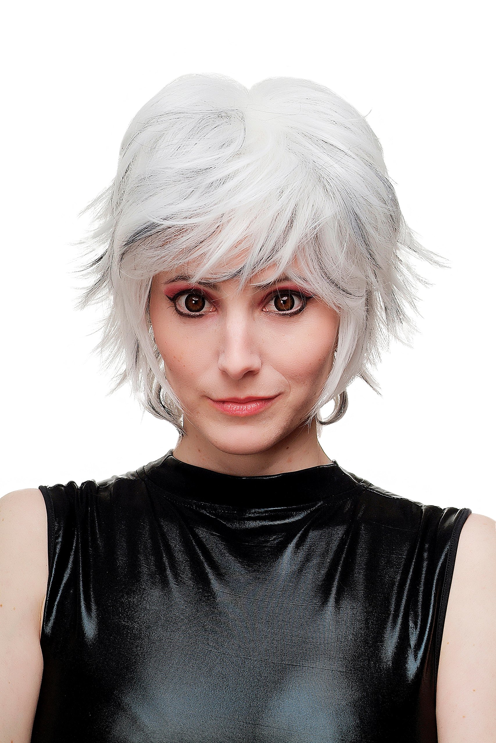 WIG ME UP SA069-1001H1B Lady Cosplay Quality Wig wild backcombed spikey hair punk emo whie silver & black hair strands underneath