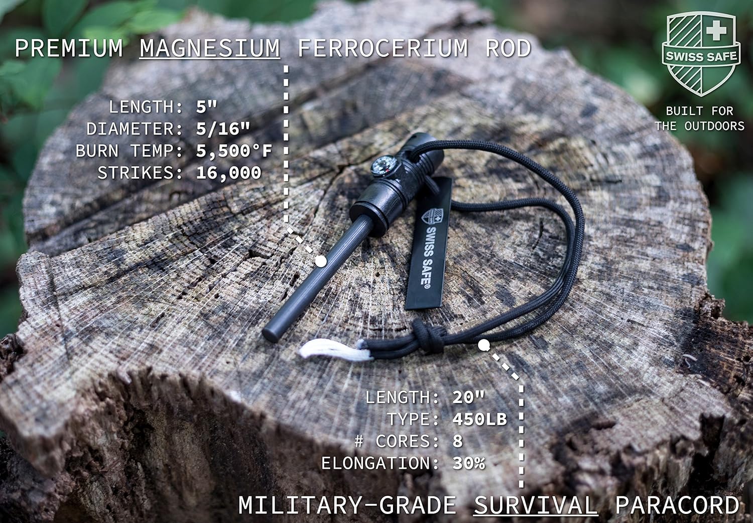 Swiss Safe 5-in-1 Fire Starter with Compass, Paracord and Whistle (2-Pack) for Emergency Survival Kits, Camping, Hiking, All-Weather Magnesium Ferro Rod: Home & Kitchen