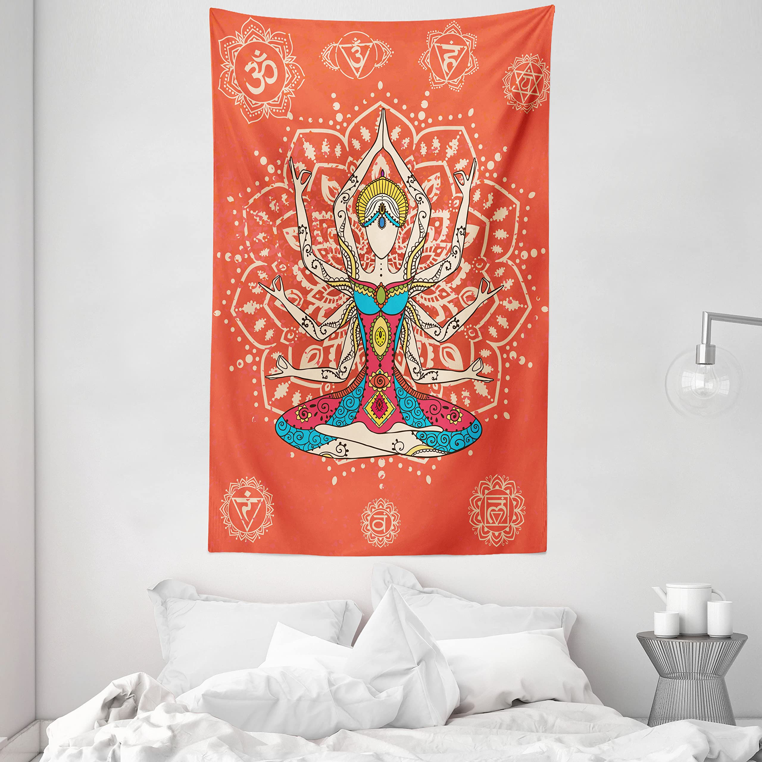 ABAKUHAUS Yoga Tapestry, Yoga Technique with Costume Discipline Your Body and Mind Artprint, Fabric Wall Hanging Decor for Bedroom Living Room Dorm, 54 W X 90 L, Cream Red Teal