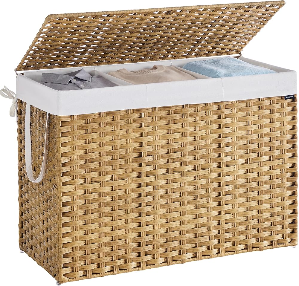 SONGMICS Laundry Basket 200 L Rattan Style With Lid Handles Foldable LCB320Y01