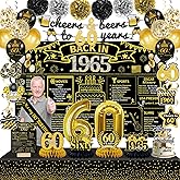 60th Birthday Decorations for Men Women,40 PCS Back in 1965 Decorations Include Cheers to 60 Banner Tablecloth Backdrop Greeting Card Swirls Sash Paper PomsPaper Poms(60th)