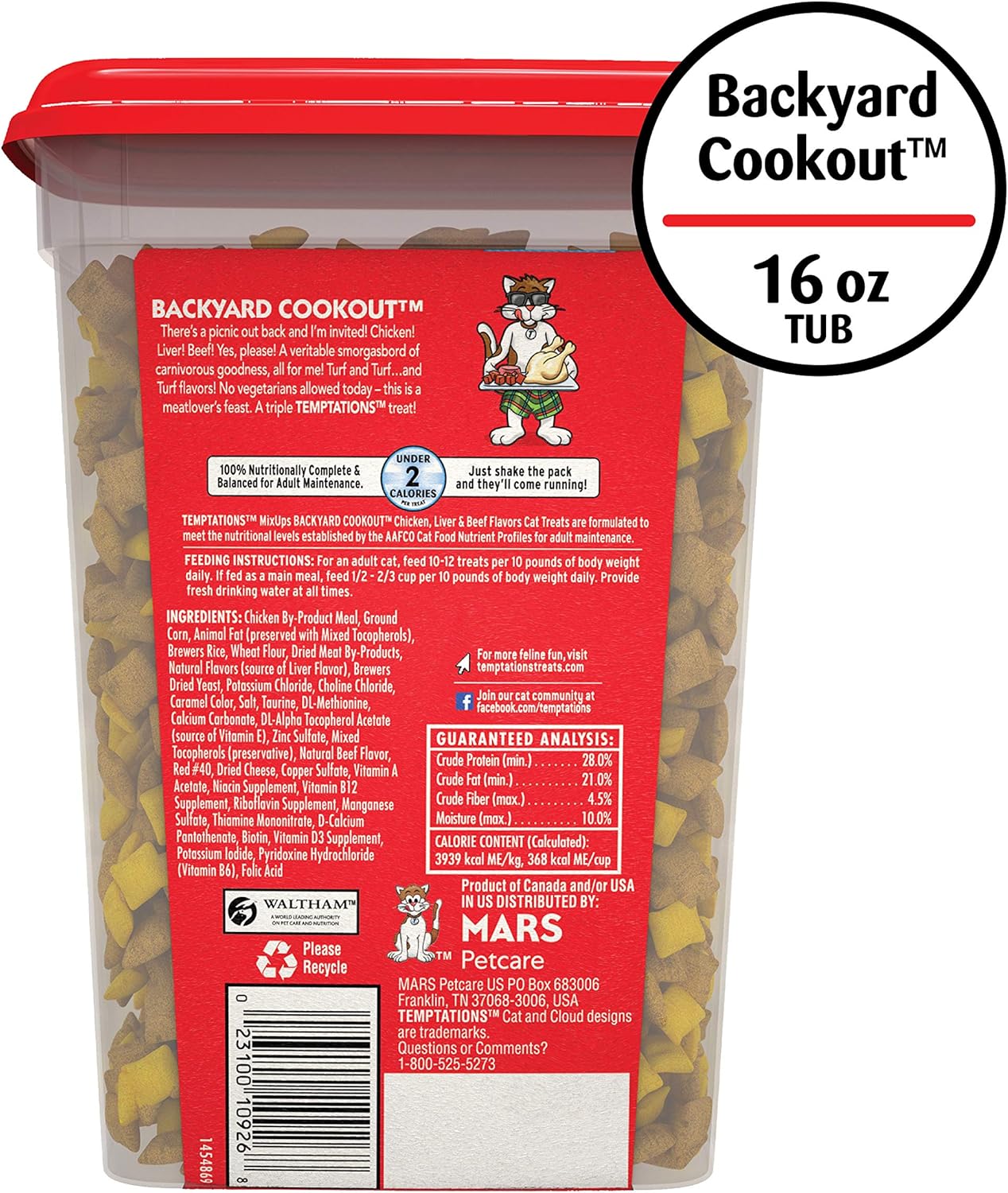 TEMPTATIONS MIXUPS Crunchy and Soft Cat Treats Backyard Cookout Flavor, 16 oz. Tub : Pet Supplies