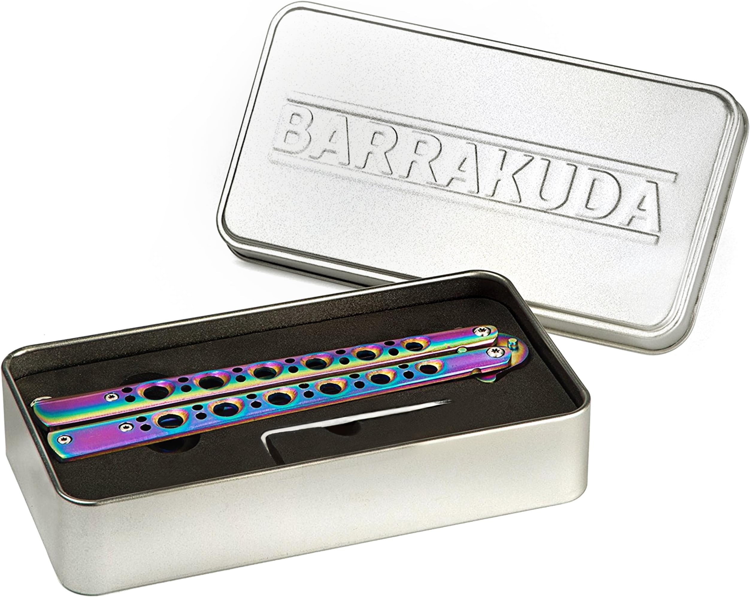 BARRAKUDA ® Legal training butterfly knife I practice butterfly knife with rainbow design I butterfly knife complete set including screwdriver, spare screws & more - balisong trainer