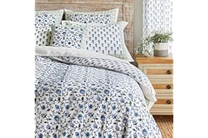 Saffron Marigold Blue Floral King Duvet Cover 100% Cotton Reversible Hand Block Printed Decorative Bed Cover for Bedroom Decor - Moonlit Taj 108 x 90 Inches