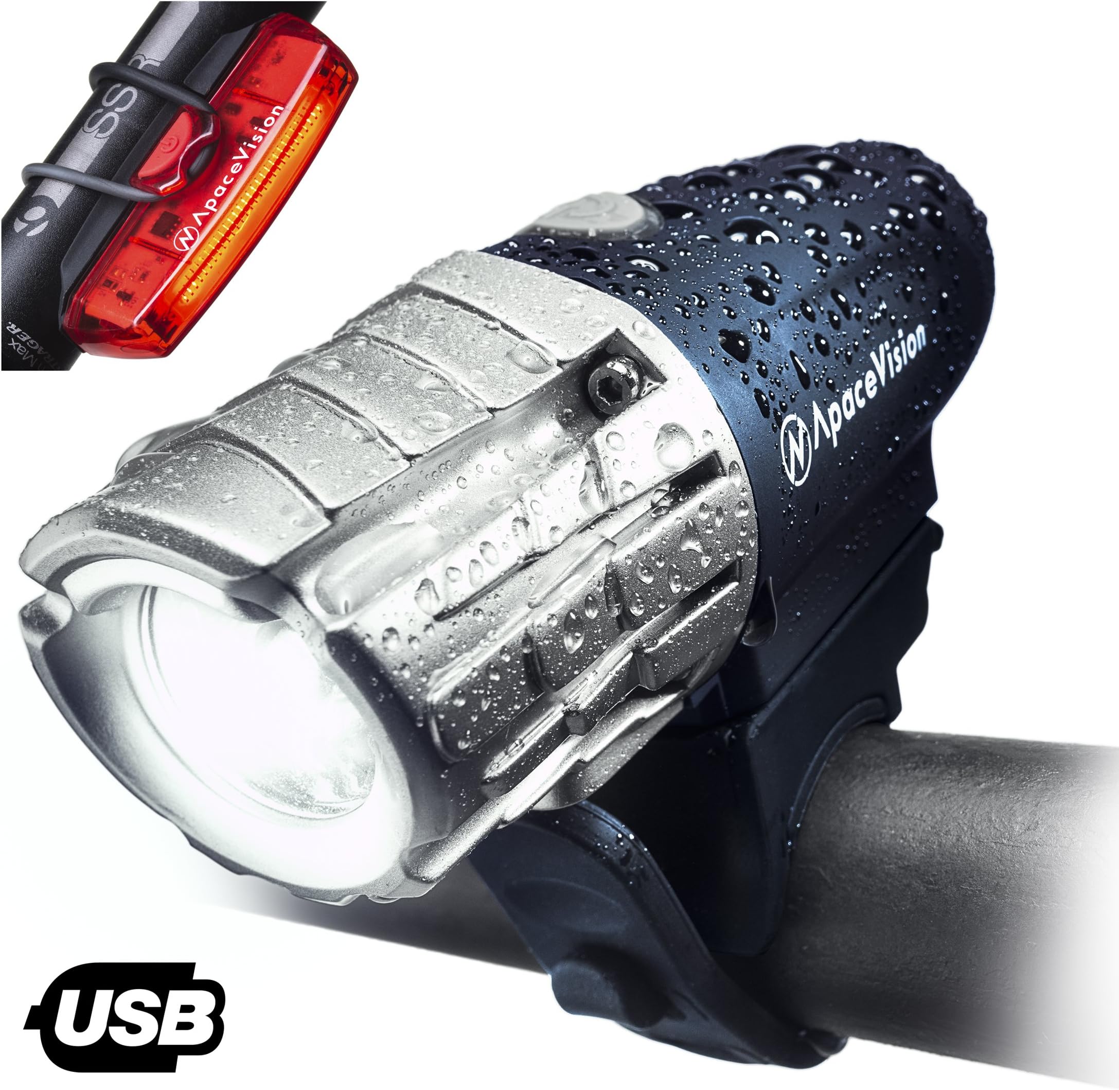Eagle Eye USB Rechargeable Bike Light Set by Apace - Powerful 300 Lumens LED Bicycle Headlight and Tail Light - Super Bright Front Light & Rear Light for Optimum Cycling Safety