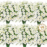 Besteek 16 Bundles Artificial Flowers for Outdoors Decoration Fake Silk Flowers UV Resistant Faux Plastic Plants for Spring Summer Garden Yard Porch Window Box Home Indoor Outdoor Decor, White