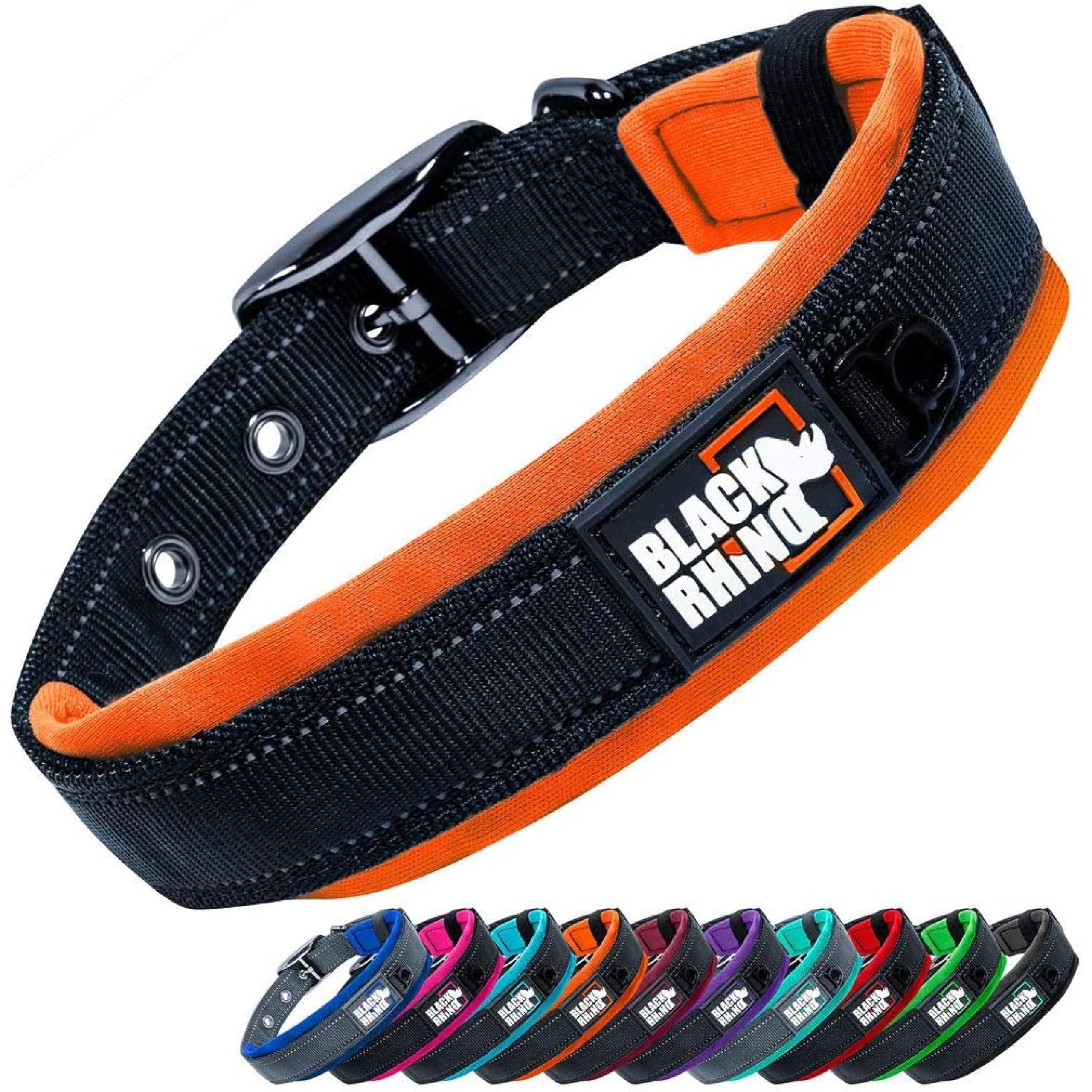 Black Rhino, The Comfort Collar, Dog Collar for All Breeds, Ultra Soft Neoprene Padded Collar, Sturdy, Adjustable, Reflective - Weather Resistant, Extra Large, Orange/Black