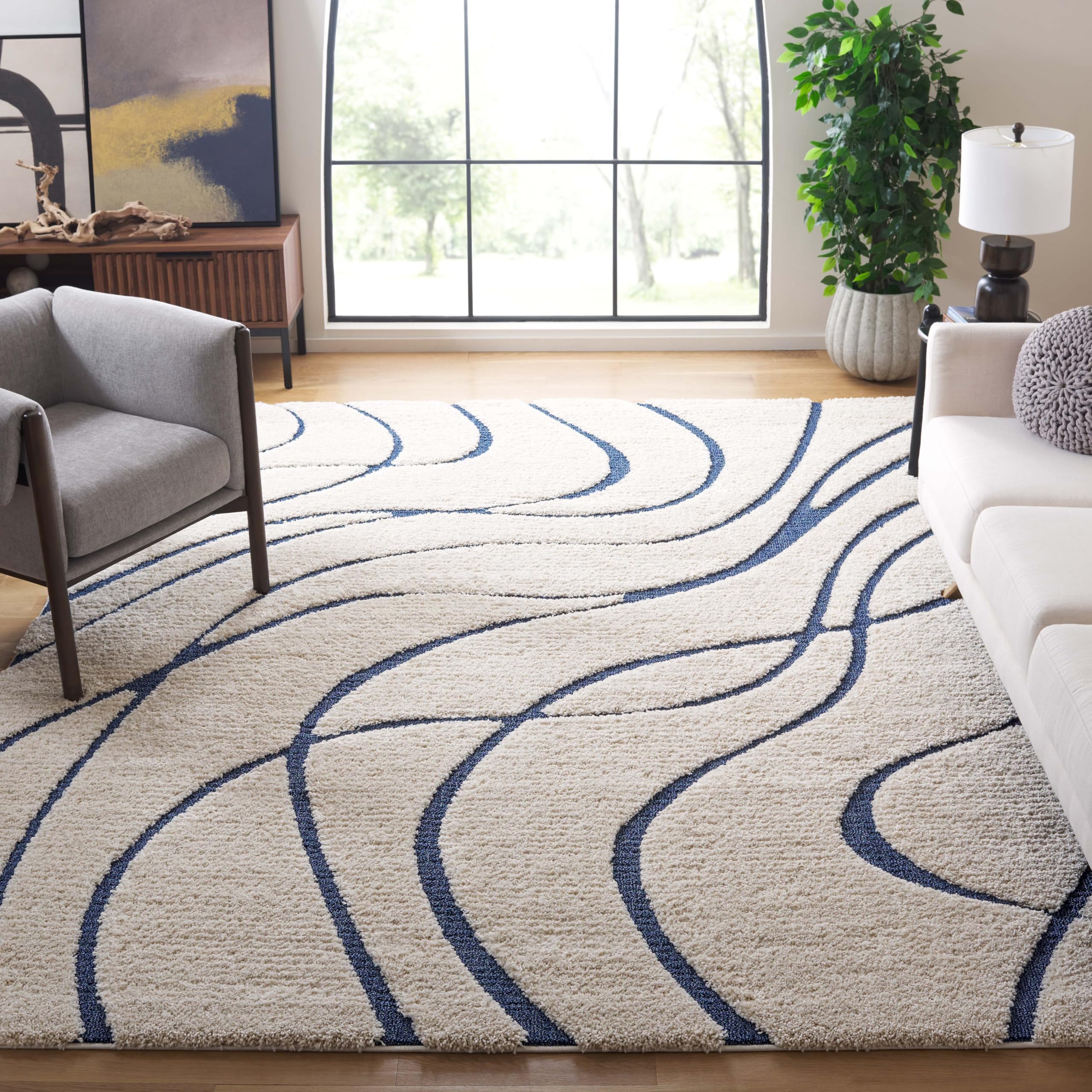 SAFAVIEH Florida Shag Collection X-Large Area Rug - 11' x 15', Cream & Blue, Non-Shedding & Easy Care, 1.2-inch Thick Ideal for High Traffic Areas in Living Room, Bedroom (SG471-1165) Image