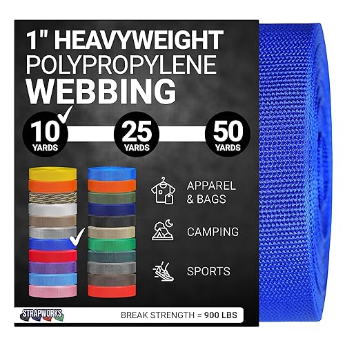 Strapworks Heavyweight Polypropylene Webbing - Heavy Duty Poly Strapping for Outdoor DIY Gear Repair, 1 Inch x 10 Yards - Royal Blue