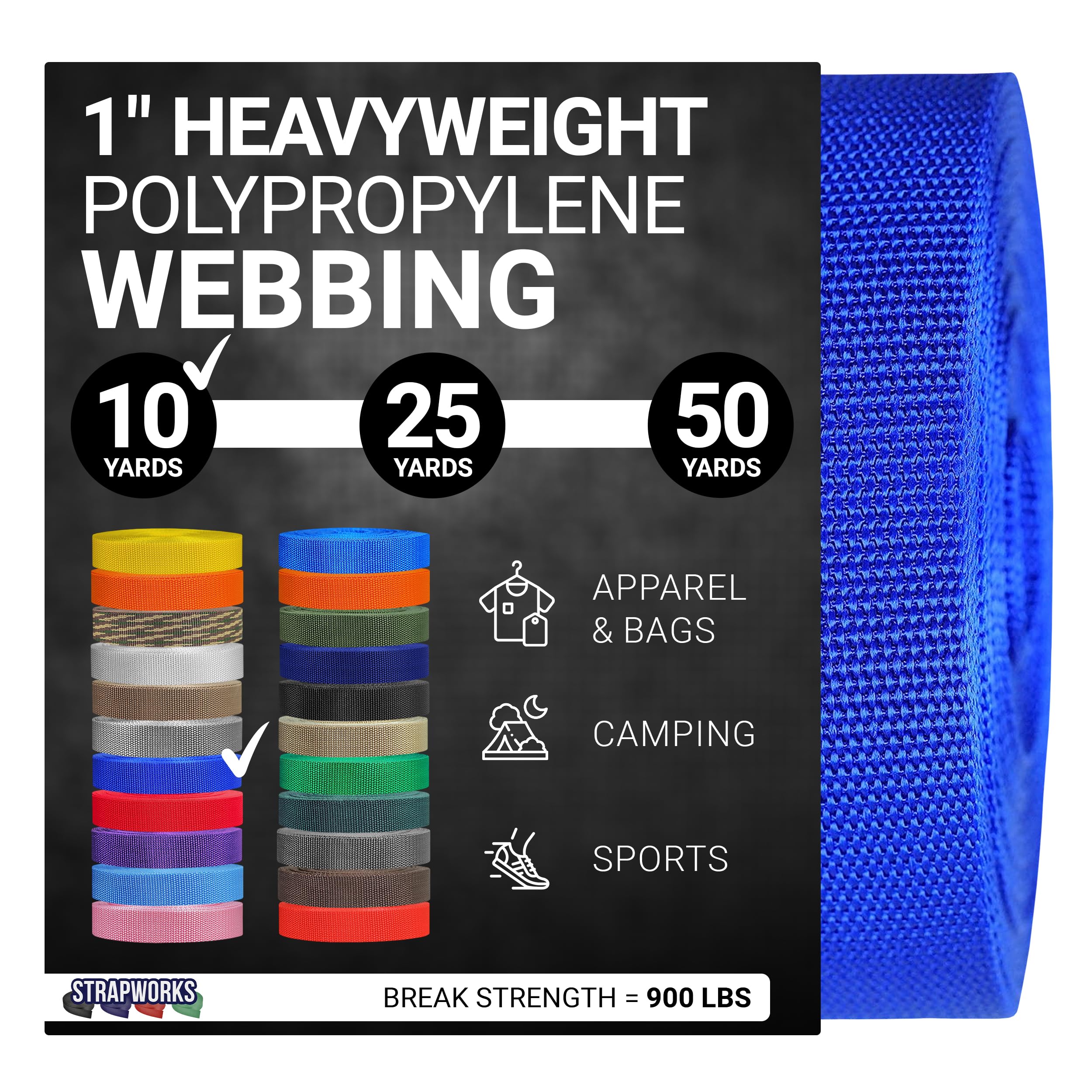 Strapworks Heavyweight Polypropylene Webbing - Heavy Duty Poly Strapping for Outdoor DIY Gear Repair, 1 Inch x 10 Yards - Royal Blue