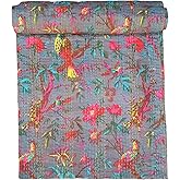 JGARTS Bird Print King Size Kantha Quilt Gray, Kantha Blanket, Bed Cover, King Grey Kantha Bedspread, Bohemian Bedding Kantha Size 90 Inch x 108 Inch