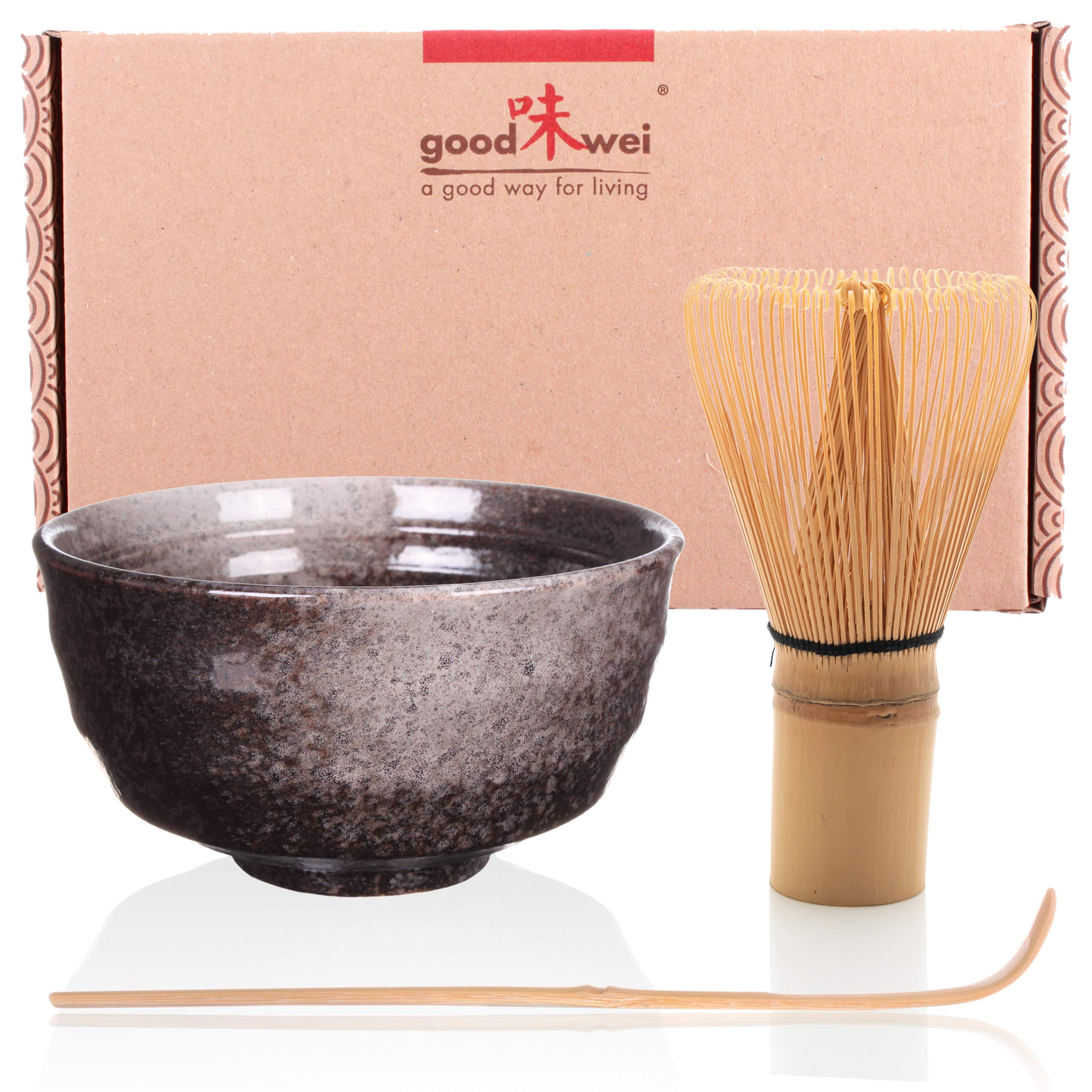 Goodwei Matcha Set Basic with Ceramic Matcha Bowl (6 fl.oz) and Bamboo Whisk with Spoon | Starter Matcha Gift Set Box (Goma)