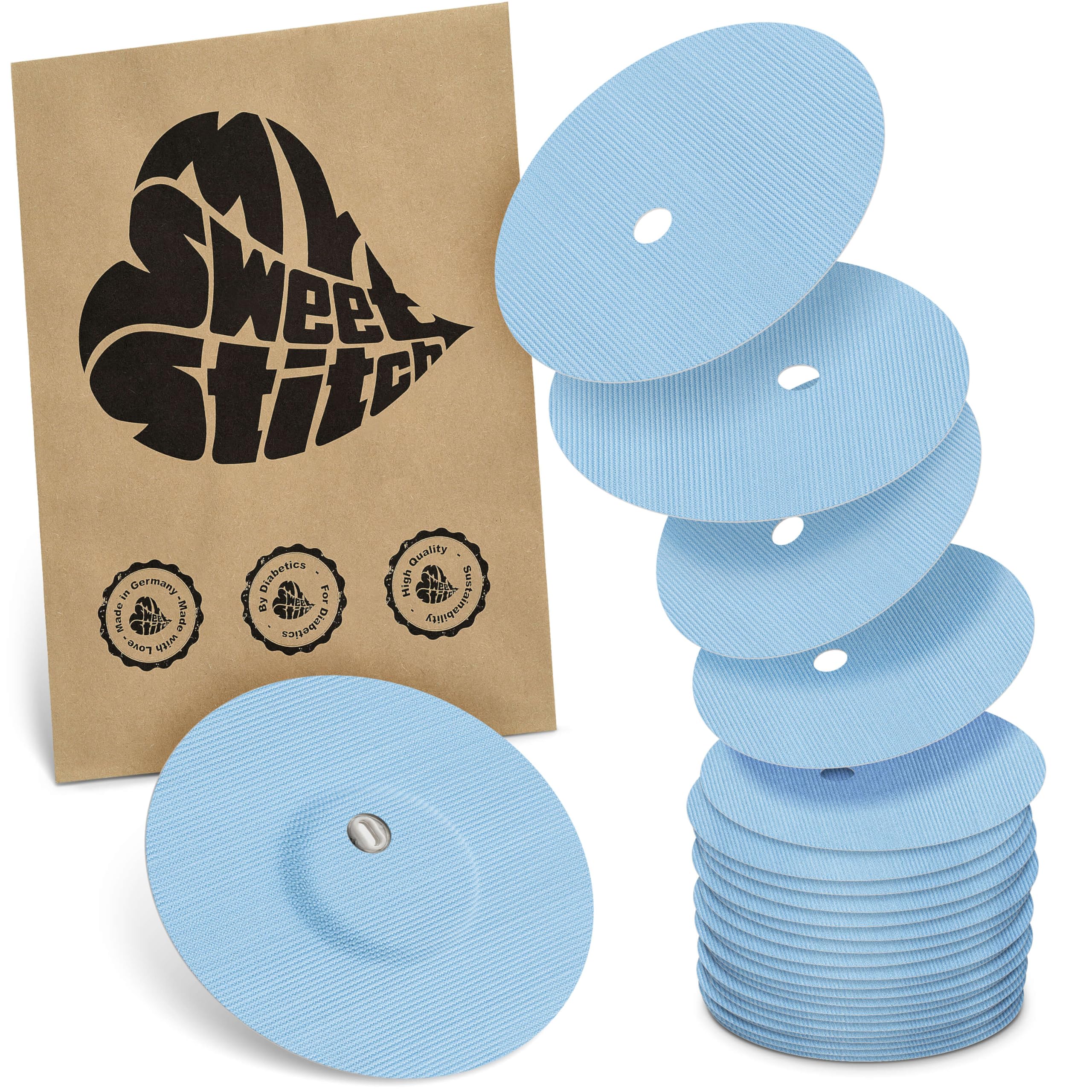 MySweetStitch - 25 x Freestyle Libre 3 Round Patches with Ventilation Hole, Overpatch Ø 60mm, Waterproof, Breathable, Skin-Friendly, Made in Germany, Ice Blue