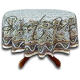 Hand Block Print Paisley Floral Tablecloth for Round Tables Cotton Table Linen Beach Sheet Beach Throw Gold Blue White 72 inches