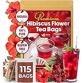 FreshDrinkUS, Premium 115 Hibiscus Flowers Tea Bags, 100% Natural & Pure. Loose Flower Hibiscus Herbal Tea. No Sugar, No Caffeine, No Gluten, Vegan.
