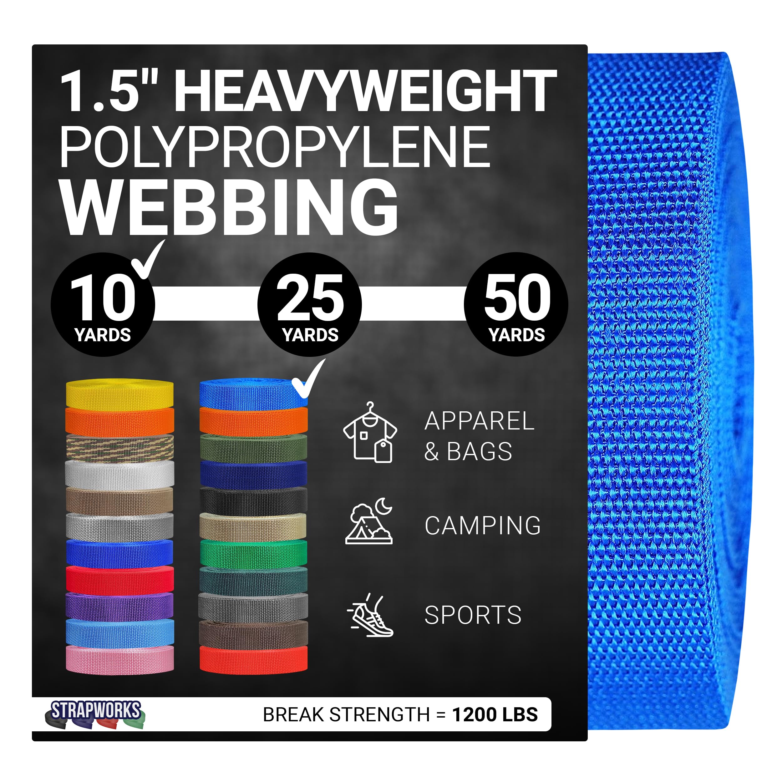 Strapworks Heavyweight Polypropylene Webbing - Heavy Duty Poly Strapping for Outdoor DIY Gear Repair, 1.5 Inch x 10 Yards, Pacific Blue