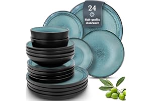 PURE LIVING INTERIOR DESIGN 24 Piece Dinnerware Sets for 8 - Modern Style Stoneware Dinnerware Set - Scratch Resistant, Dishwasher Safe Plates and Bowls Sets Ceramic, Dish Set, Bowl and Plate Set - Black and Petrol Blue…