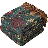 Phuryllic Boho Throw Blanket Twin Size, Soft Cozy Cotton Muslin Quilt Blanket for Bed Decor, Floral Patterned Couch Sofa Chair Cover, Vintage Farmhouse Cottage Tapestry Woven Blanket, Green&Orange
