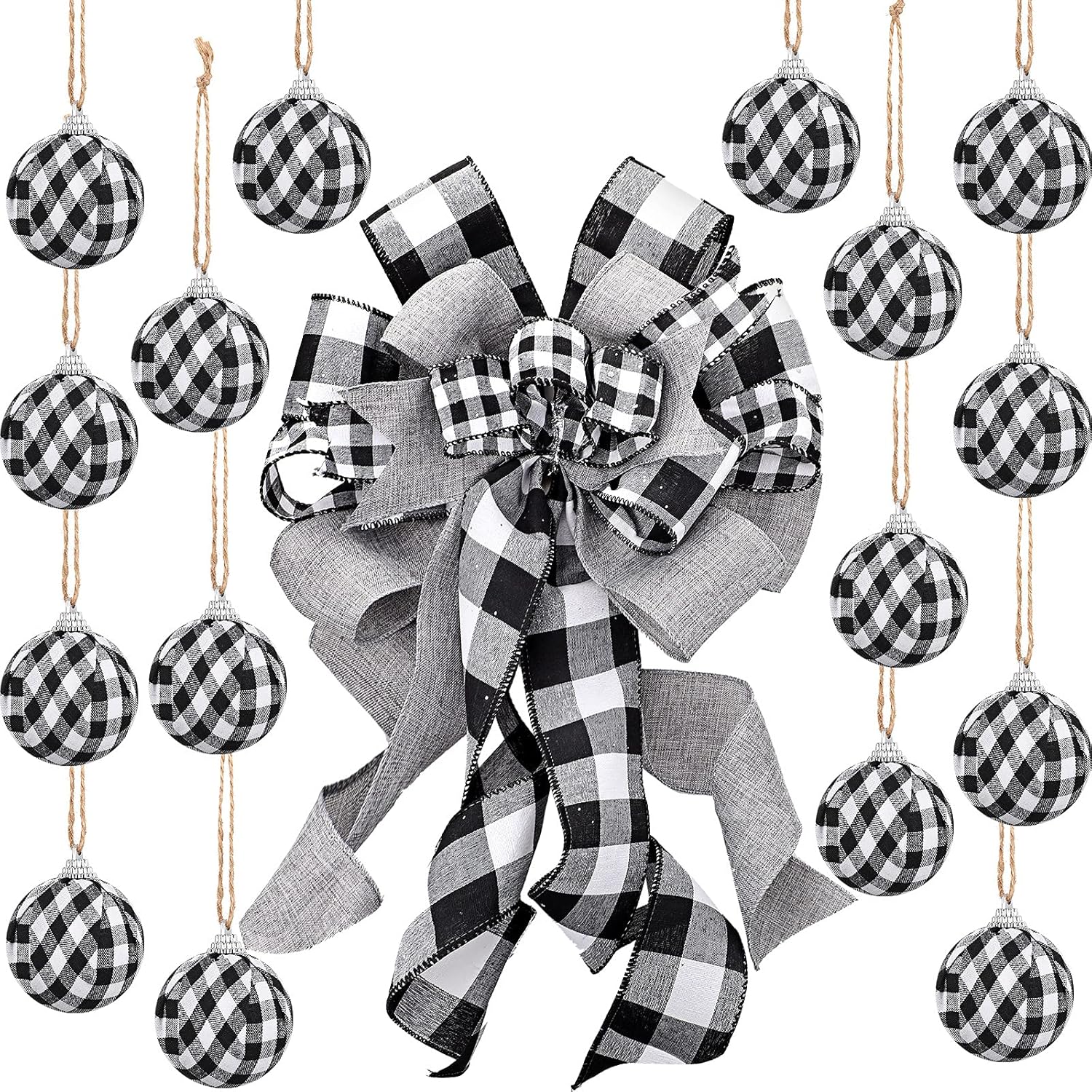 Bows & Ribbons - Buffalo Plaid Christmas Tree Topper Decor Wreath Bow Hanging Christmas Plaid Bow and 16 Pieces Buffalo Plaid Ball Ornament Hanging Plaid Fabric Ball Buffalo Ball (White and Black, 13 x 22.8 Inch)