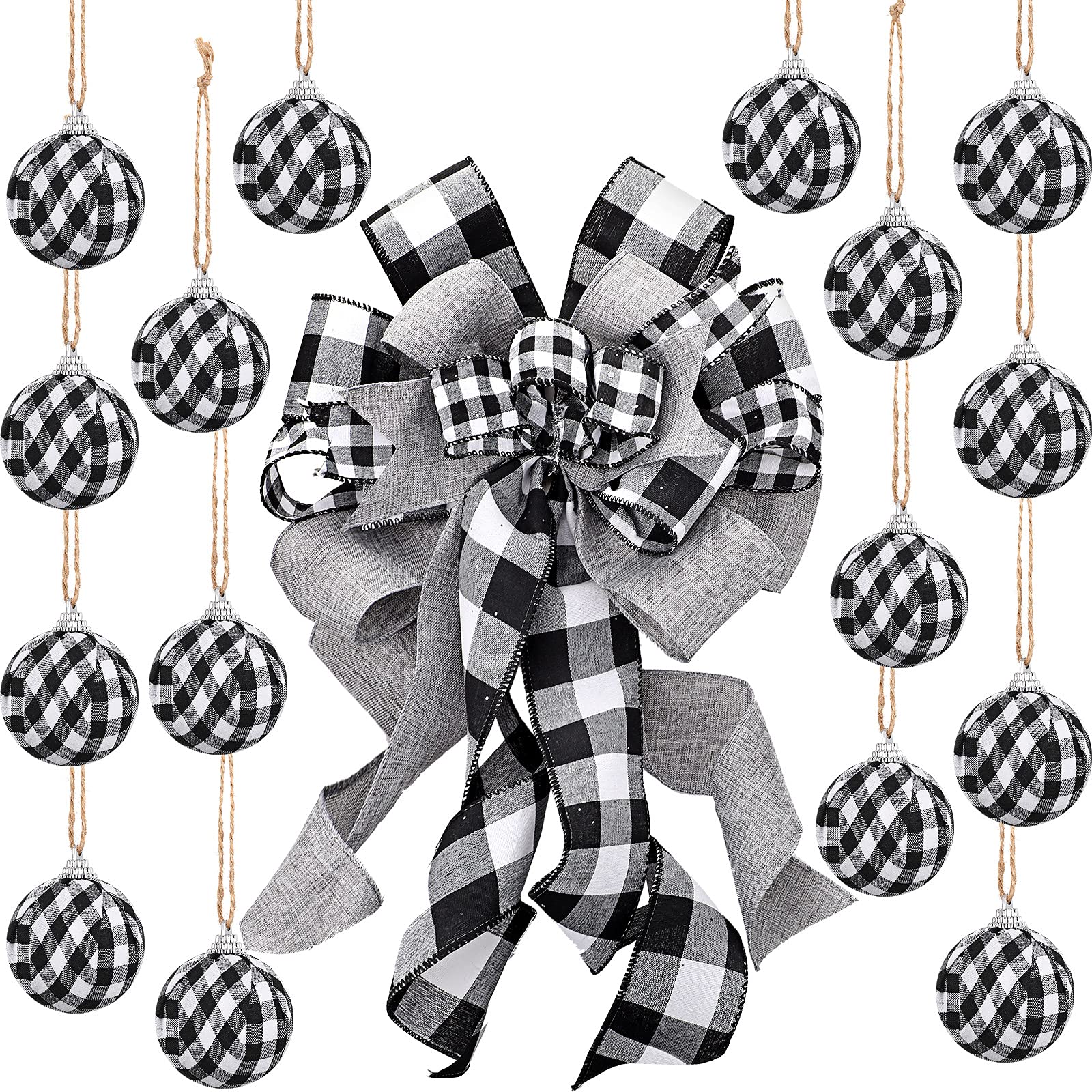 Buffalo Plaid Christmas Tree Topper Decor Wreath Bow Hanging Christmas Bow and 16 Pieces Buffalo Plaid Ball Ornament Hanging Fabric Ball(13 x 22.8 Inch,White and Black)