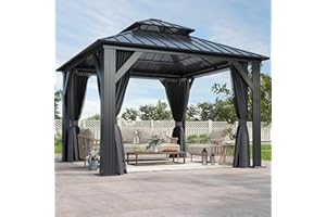 GARTOO 10'x10' Outdoor Hardtop Gazebo with Double Roof - Heavy-Duty Galvanized Steel Top Aluminum Frame Gazebo with Breathable Netting & Privacy Curtain for Patio, Porch, Garden, Lawn, Deck, Backyard
