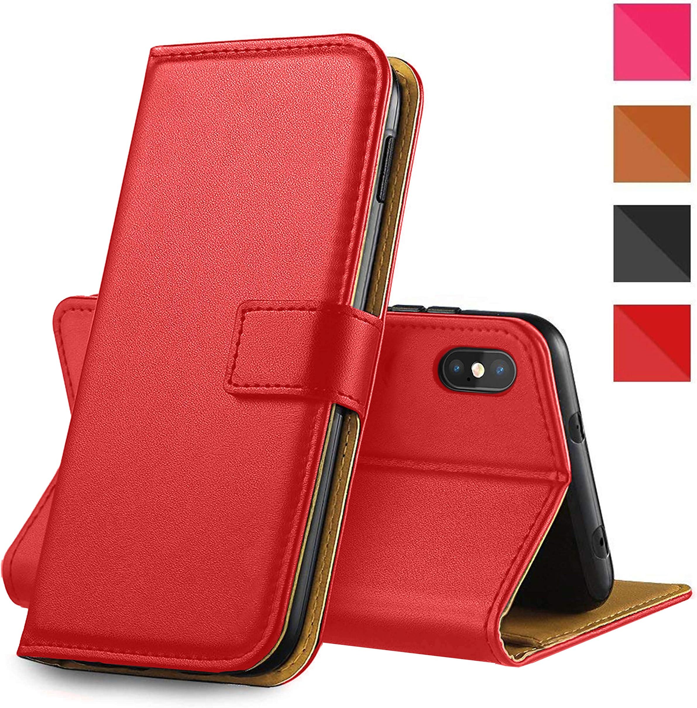 For iPhone X-Xs Wallet Flip Case - Leather Premium Folio Phone Cover [Kickstand] [Cash & Card Slots] [Magnetic Closure] Wireless Charging Compatible Real Leather For iPhone X/Xs Red