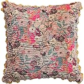 Creative Co-Op Velvet Printed Square Pillow with Kantha Stitch, Pom Poms & Chambray Back, Multicolor