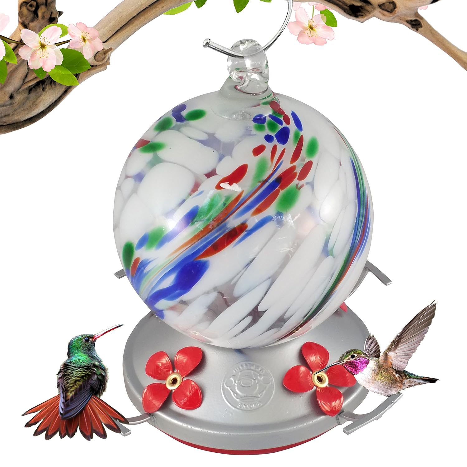 Grateful Gnome Hummingbird Feeder Hand Blown Glass White