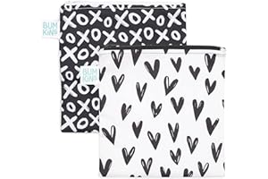 Bumkins Reusable Sandwich and Snack Bags, for Kids School Lunch and for Adults Portion, Washable Fabric, Waterproof Cloth Zip Bag, Travel Pouch, Food-Safe Storage, Large 2-pk Hearts and XOXO