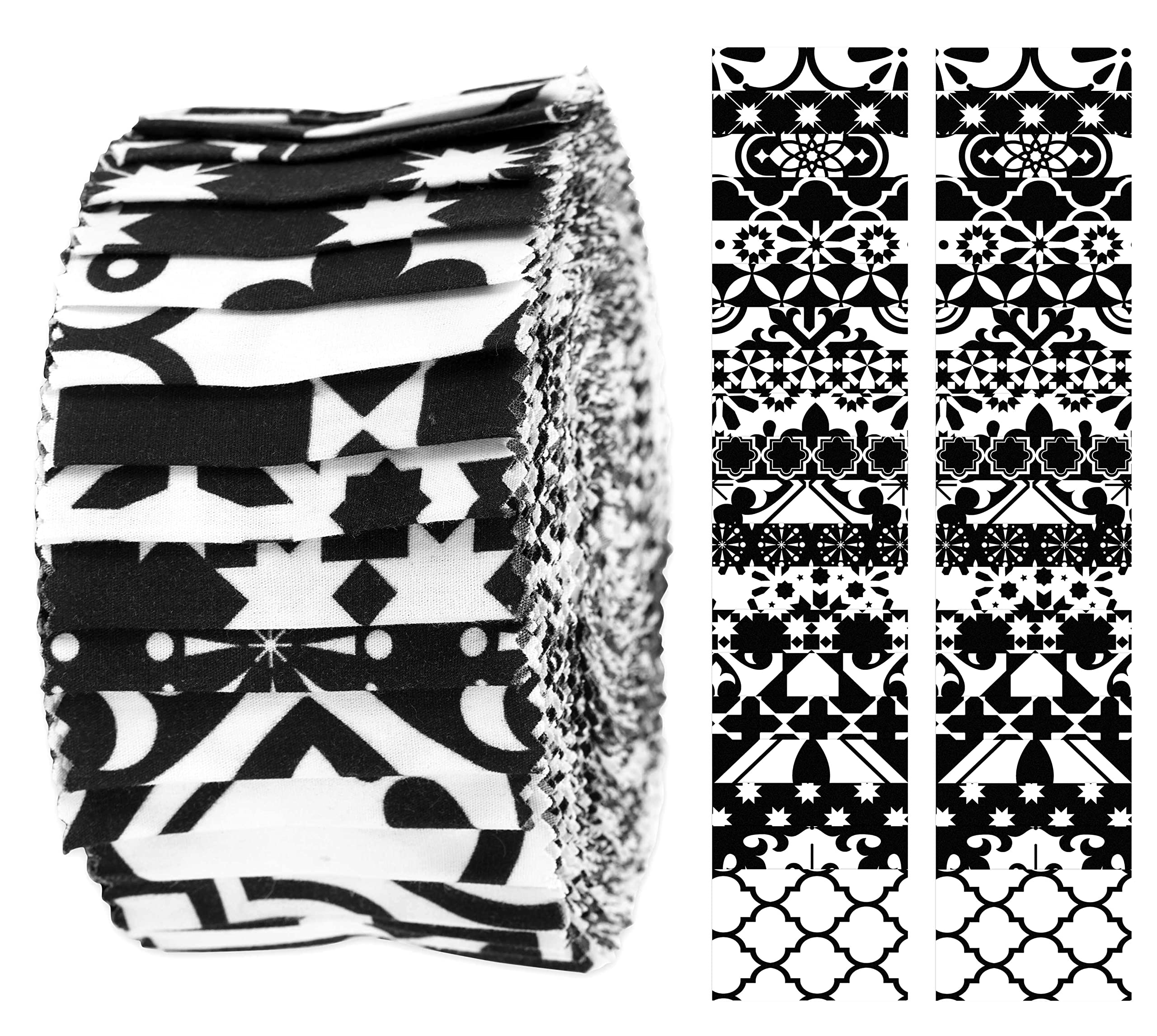 Soimoi 40Pcs Mosaic Print Cotton Precut Fabrics for Quilting Craft Strips 2.5x42inches Jelly Roll - White & Black
