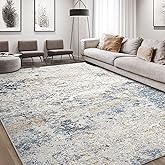 Area Rug Living Room Rugs - 6x9 Abstract Large Soft Indoor Washable Rug Neutral Modern Low Pile Carpet for Bedroom Dining Room Farmhouse Home Office - Beige Blue