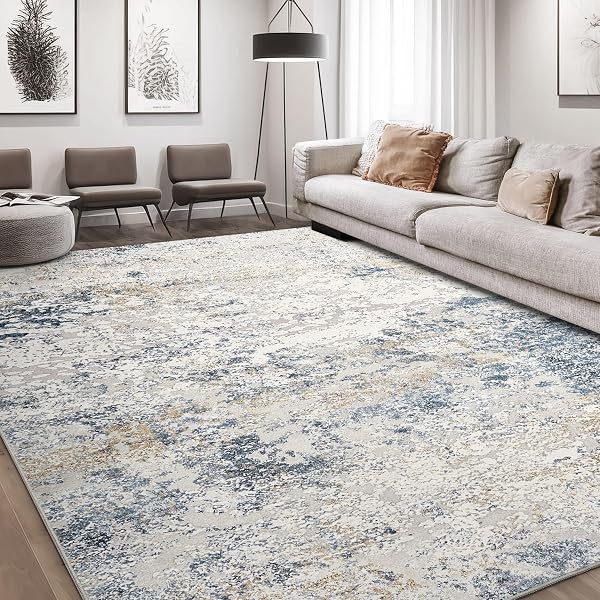 AREA RUG LIVING ROOM RUGS – 9X12 ABSTRACT LARGE SOFT INDOOR WASHABLE RUG NEUTRAL MODERN LOW PILE CARPET FOR BEDROOM DINING ROOM FARMHOUSE HOME OFFICE – BEIGE BLUE