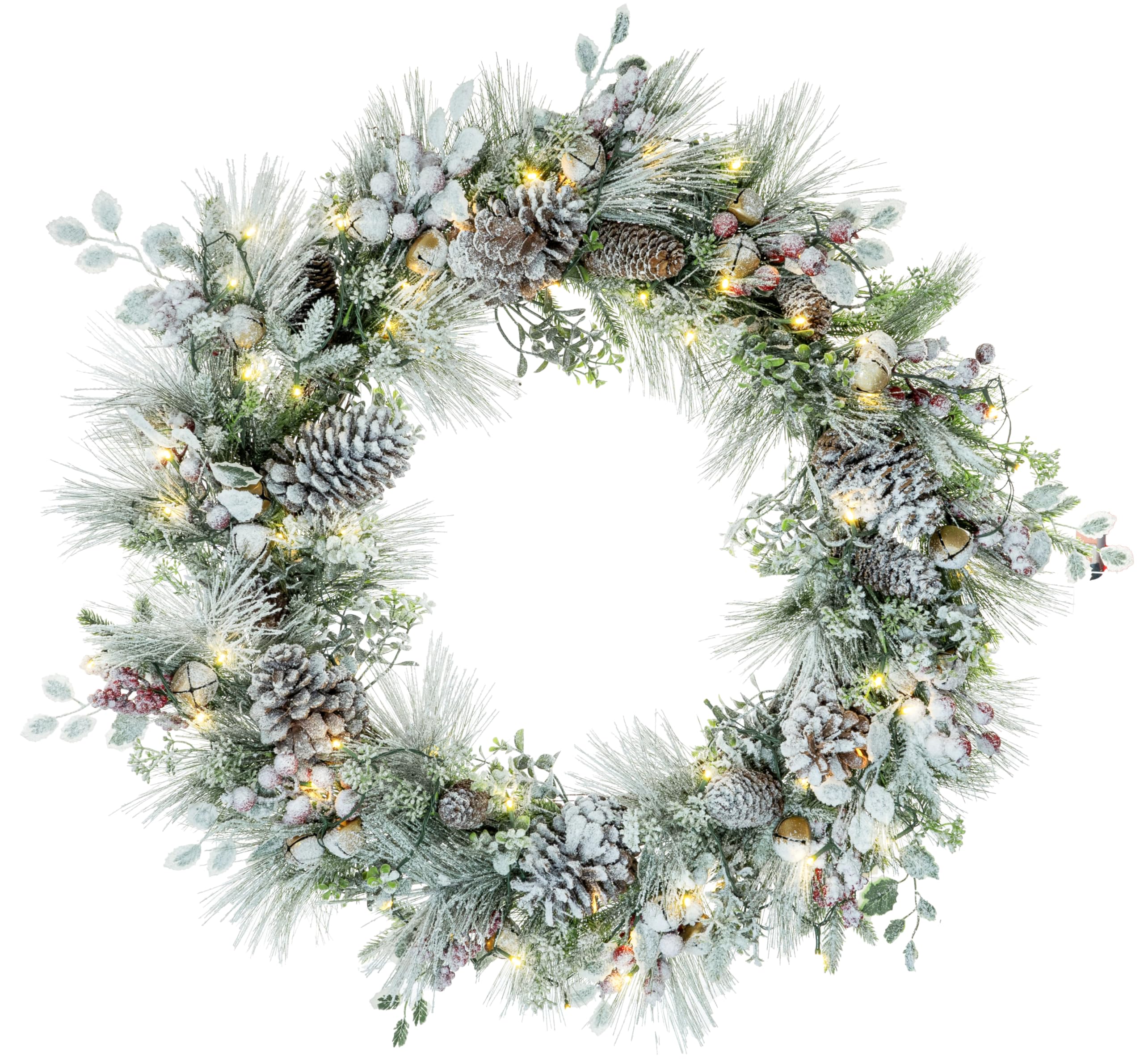 red co. 30” decorative snow-flocked artificial light-up christmas wreath with pinecones & jingle bel