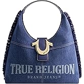 True Religion Women's Shoulder Bag Purse, Frayed Denim Medium Hobo Handbag with Horseshoe Logo, Denim