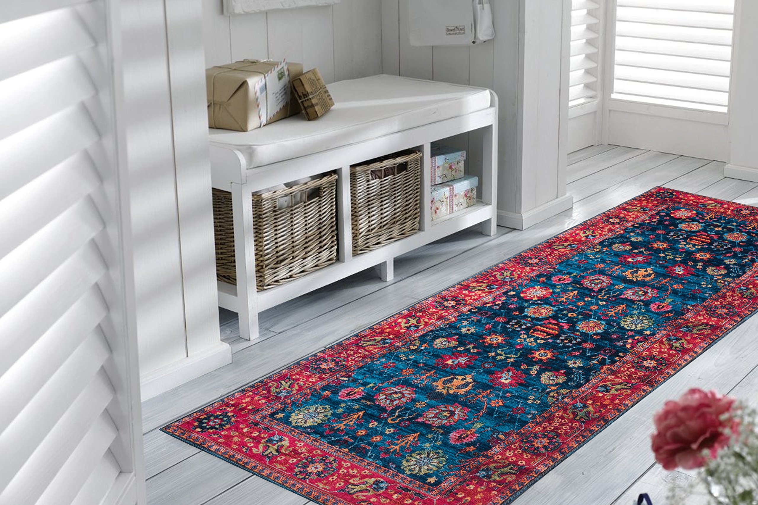 Mylife Rugs Imperia Collection Traditional Vintage Non Slip (Non-Skid) Machine Washable Distressed Runner Rug (2'7x7'7, Blue - Red)