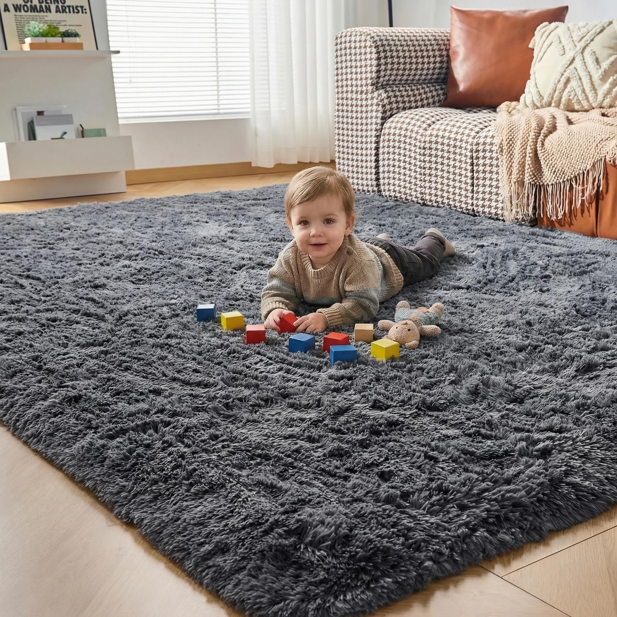 CHOSHOME Grey Rugs Living Room 120x180cm - Soft Fluffy Shaggy Rug for Bedroom - Modern Indoor Non-slip Plush Non Shedding Carpets for Playroom, Study Office, Nursery, Lounge