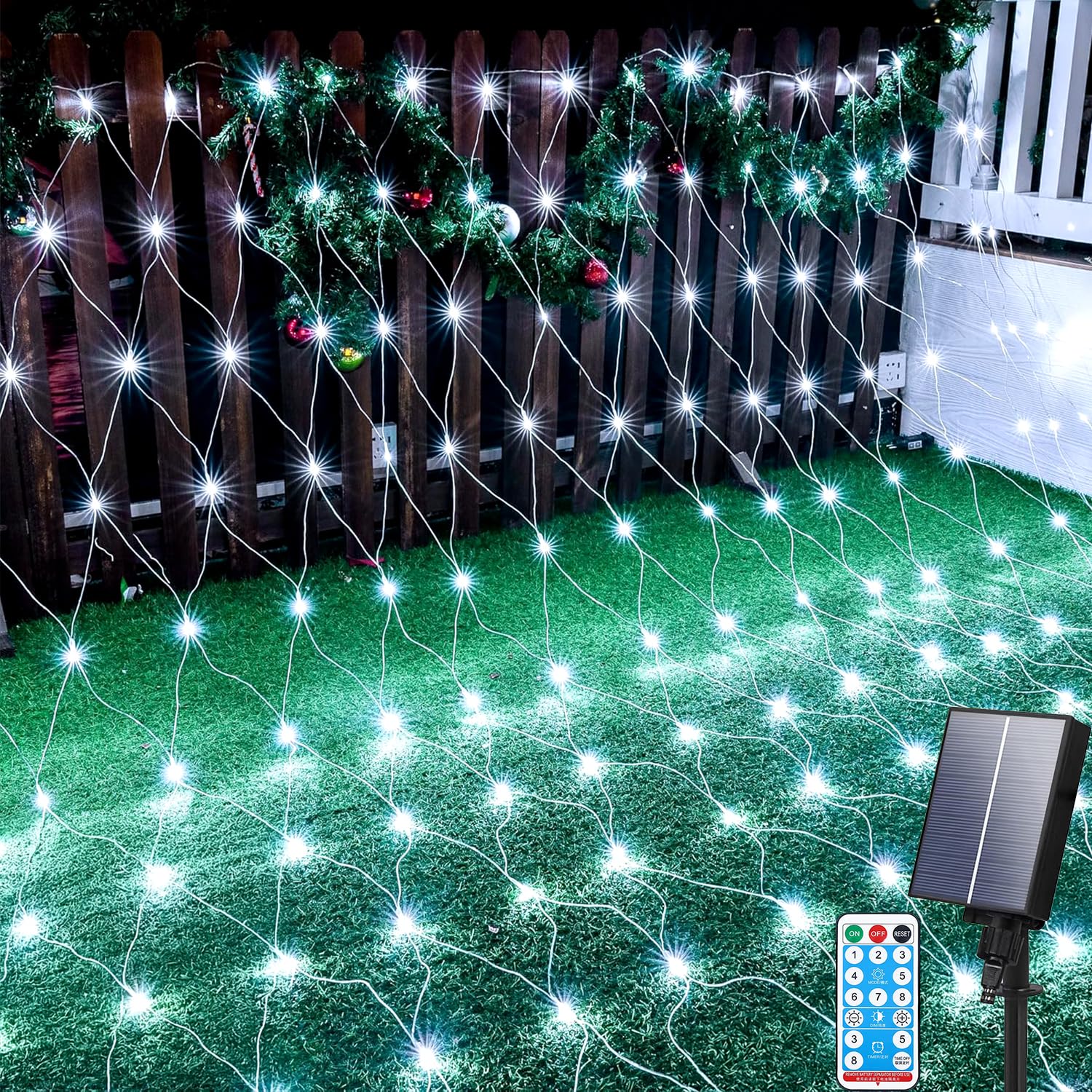 Aofonchy Solar Net Lights Outdoor, 3M*2M 192 LED Net Fairy Light with Remote, Weatherproof Fairy Mesh Lights, 8 Modes 9.8 * 6.6FT NetLights Solar for Christmas Garden Bushes Fence Party Decor