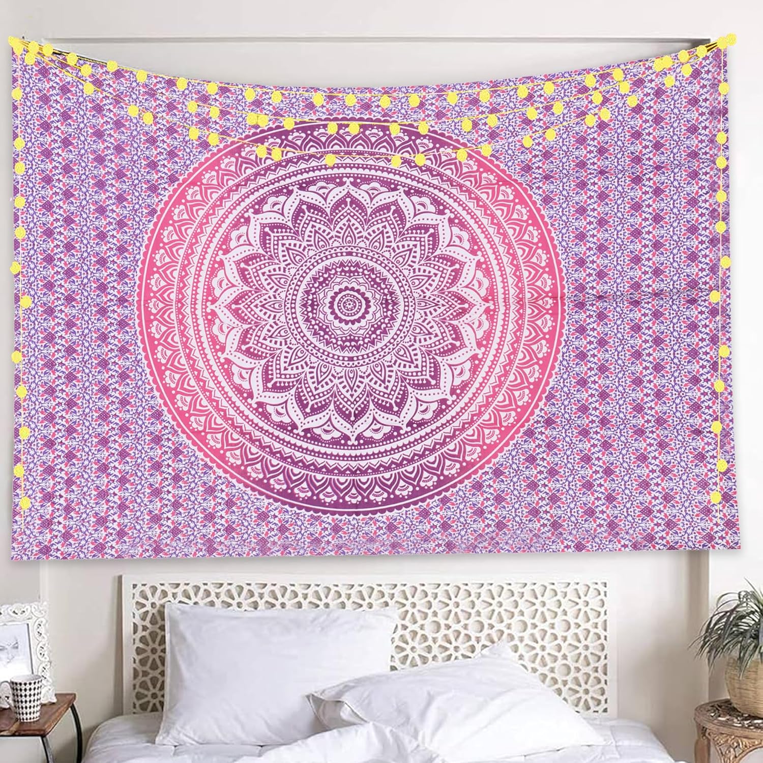 Tapestries - THE ART BOX Hippie Mandala Hangings Ombre Tapestry Pink and White - Indian Cotton Beach, Bohemian Decor Tapestrys - Bedroom Aesthetic Tapestries - 54x60 inch